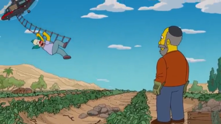 Krusty climbing up the helicopter to leave the kibbuts