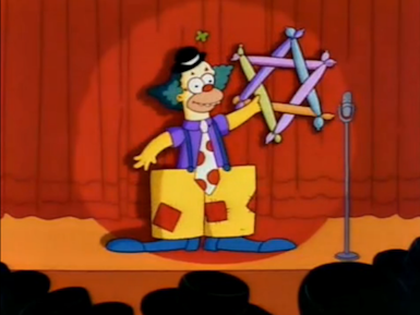 Krusty makes a Jewish Star out of balloons on stage